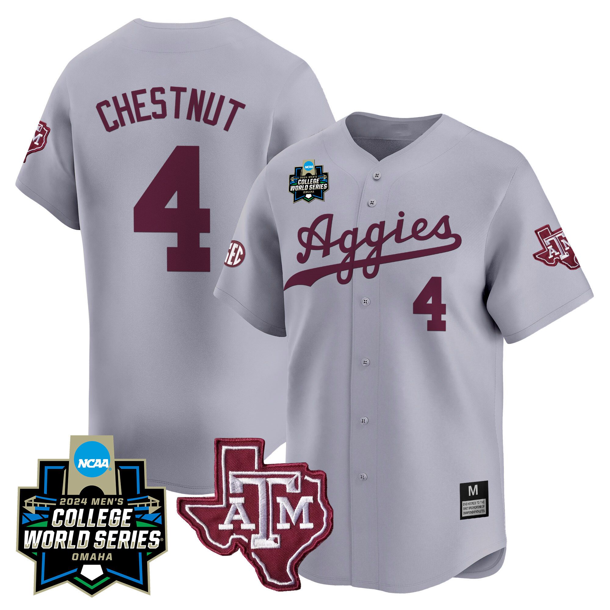 Men Texas A&M Aggies #4 Chestnut Grey 2024 College World Series Vapor Premier Limited NCAA Jersey
